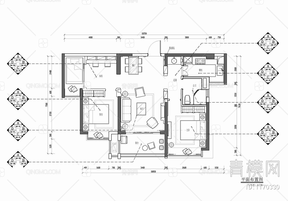 90㎡家装样板房CAD施工图 私宅 平层 家装 样板房【ID:1170330】