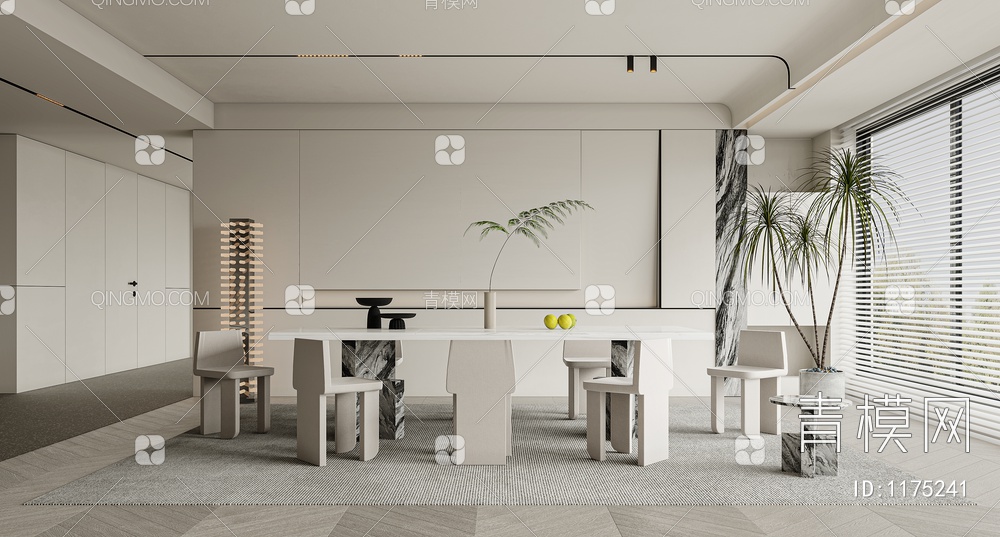 餐厅 餐桌 餐椅 饰品 窗帘 地板3D模型下载【ID:1175241】