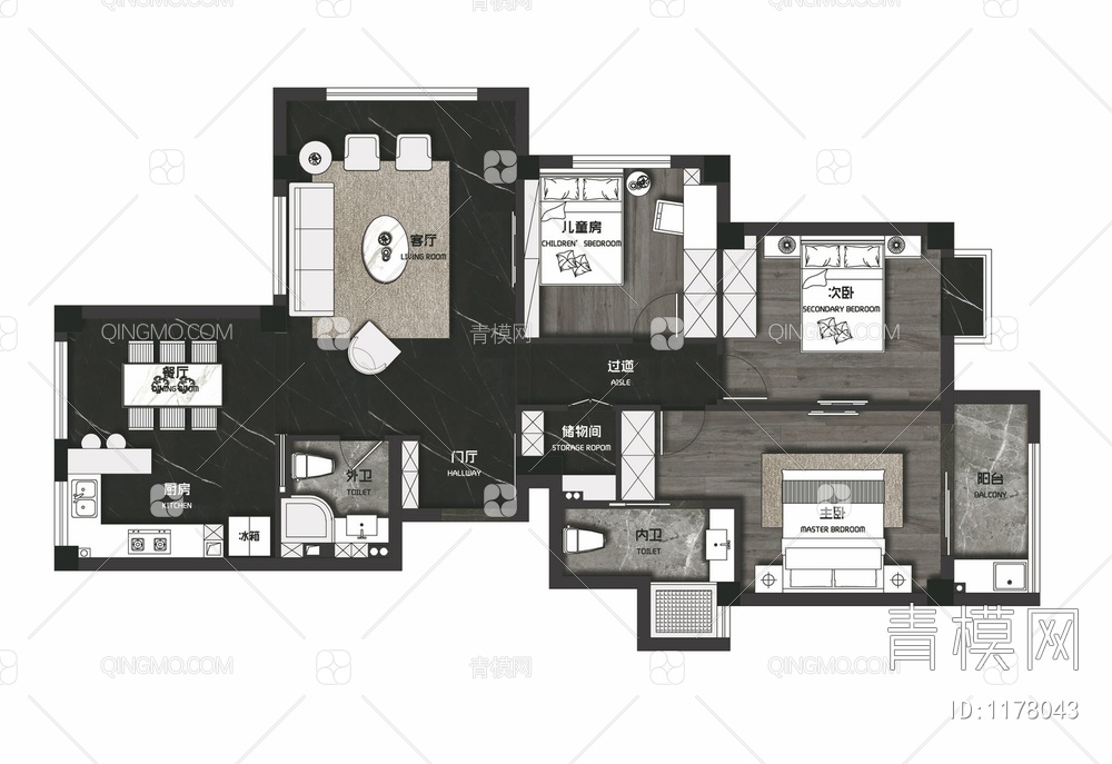 黑白调家装三居室CAD施工图+实景照 私宅 平层 家装 大宅 样板房【ID:1178043】