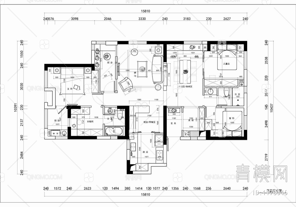 135㎡三居室家装CAD施工图+实景照 私宅 平层 家装 大宅 样板房【ID:1178046】