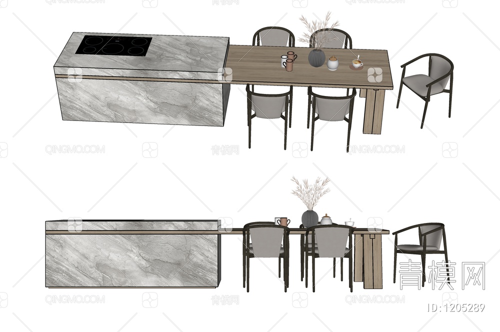中岛台餐桌椅组合SU模型下载【ID:1205289】