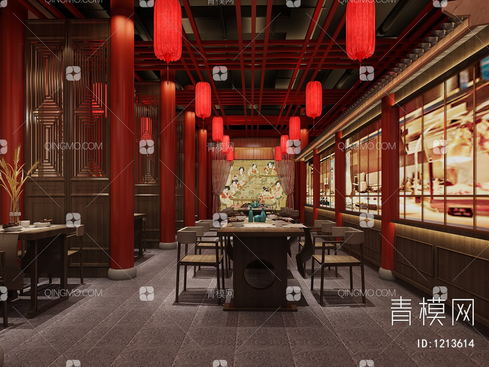 中餐厅 灯笼 餐桌 椅子3D模型下载【ID:1213614】