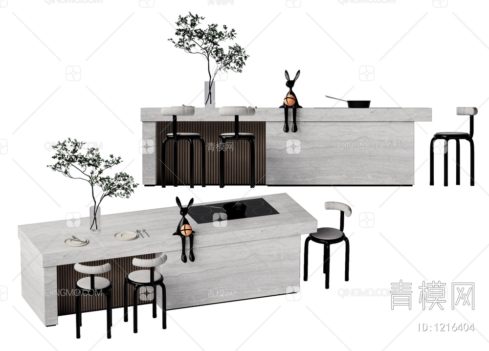 中岛台餐桌椅组合SU模型下载【ID:1216404】