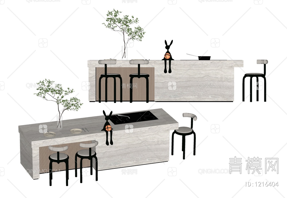 中岛台餐桌椅组合SU模型下载【ID:1216404】