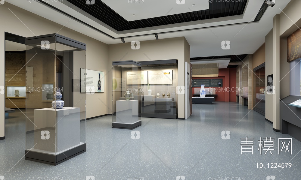 博物馆 360全息投影 文物展示柜 互动触摸屏 瓷器古董3D模型下载【ID:1224579】