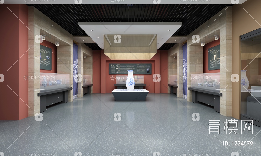 博物馆 360全息投影 文物展示柜 互动触摸屏 瓷器古董3D模型下载【ID:1224579】