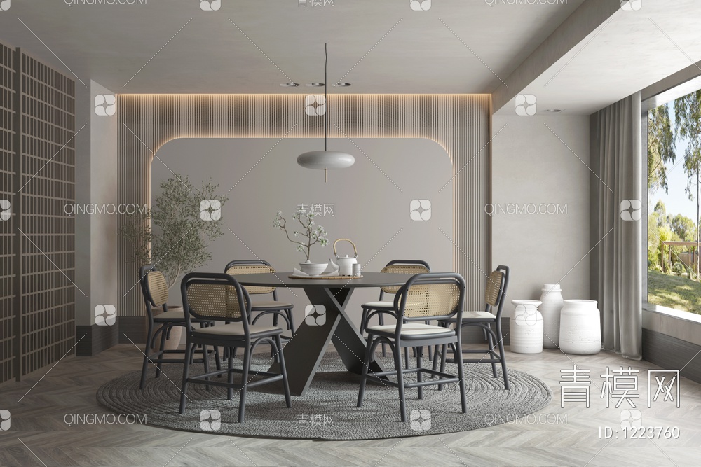 餐厅 餐桌椅组合 绿植 屏风3D模型下载【ID:1223760】
