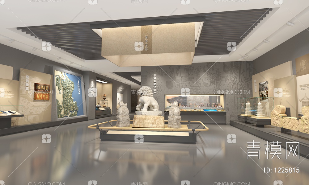 非物质文化遗产展厅 石狮子 互动触摸一体机 文物展示柜 文物3D模型下载【ID:1225815】
