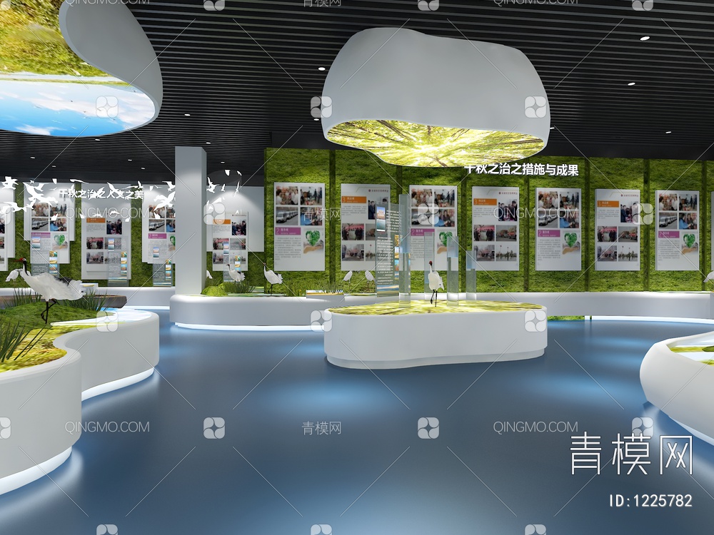 绿色展厅 弧形拼接大屏 自然景观小品 互动触摸一体机 透明屏3D模型下载【ID:1225782】