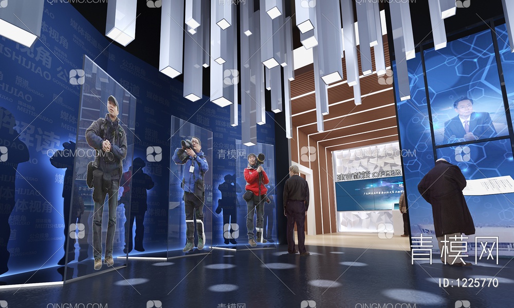 城市金融改革展示馆 序厅形象墙 通电玻璃柱 互动触摸一体机3D模型下载【ID:1225770】