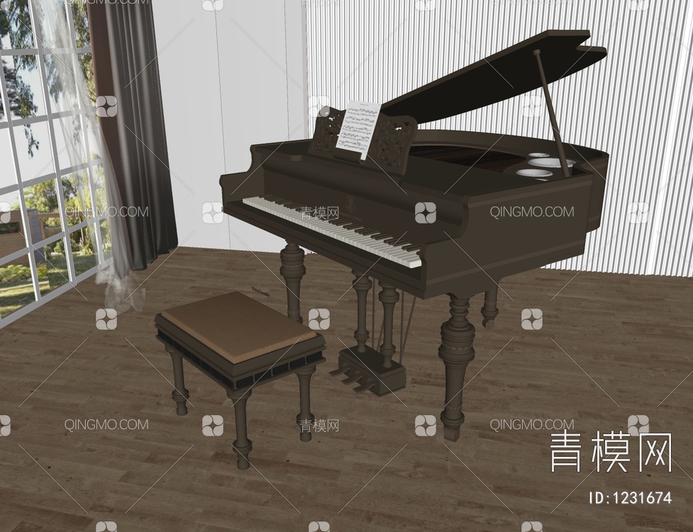 烤漆钢琴SU模型下载【ID:1231674】