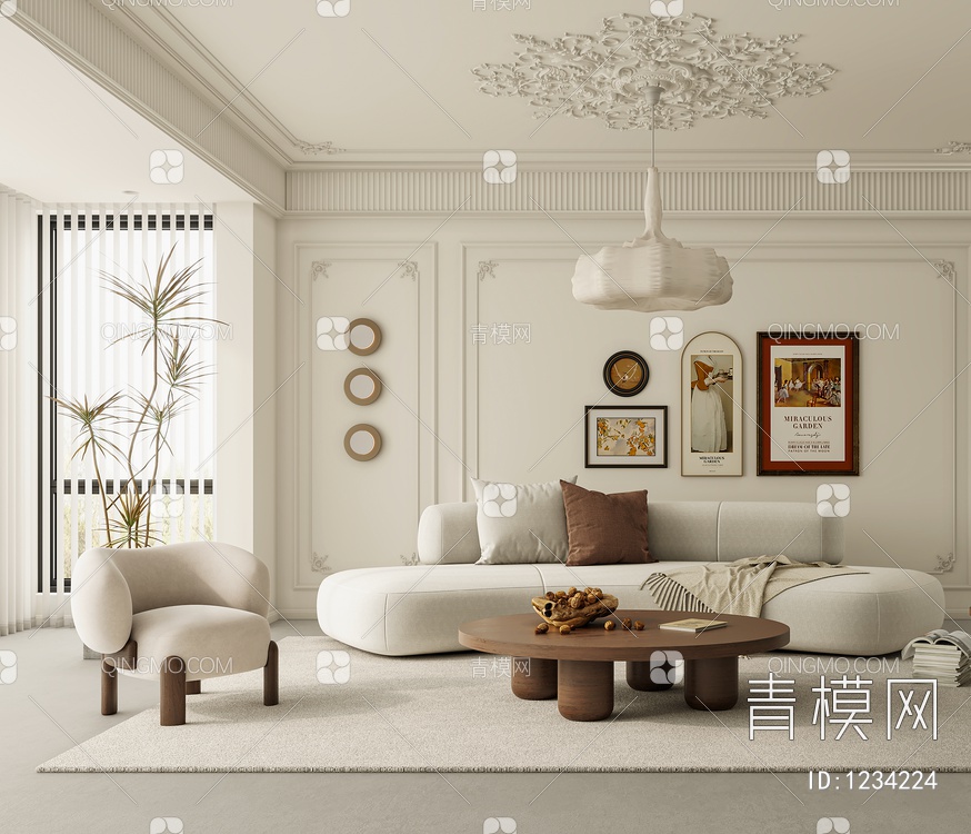 客厅 沙发 单椅 茶几 窗帘 地毯 书架 饰品 挂画3D模型下载【ID:1234224】