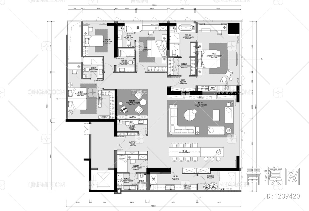 290㎡大平层样板房CAD施工图 家装 大平层 样板房 四居室 豪宅 私宅【ID:1239420】
