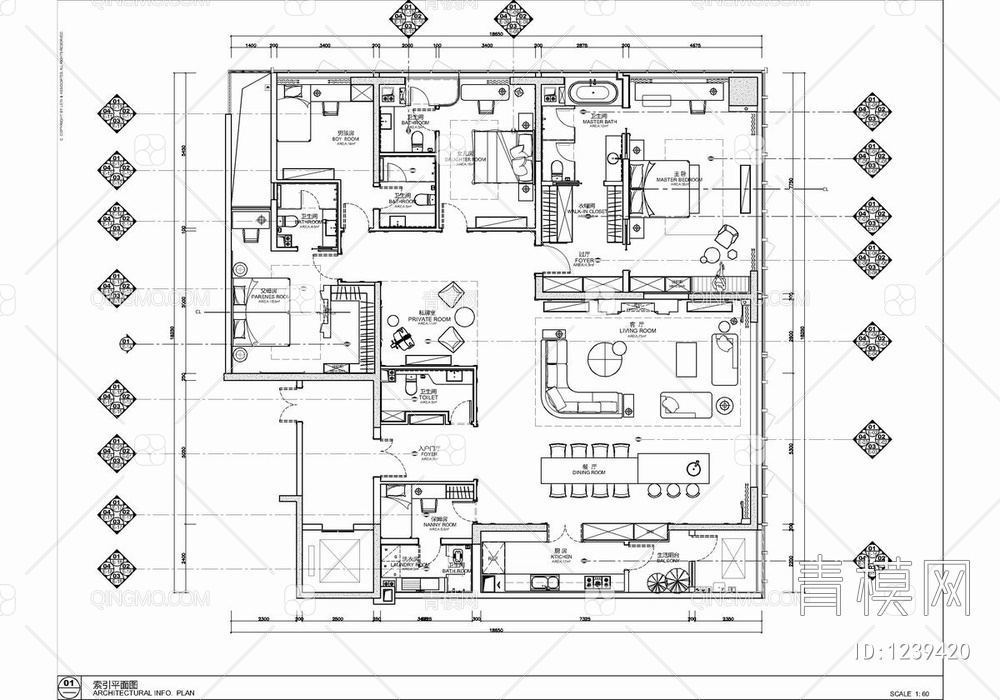 290㎡大平层样板房CAD施工图 家装 大平层 样板房 四居室 豪宅 私宅【ID:1239420】