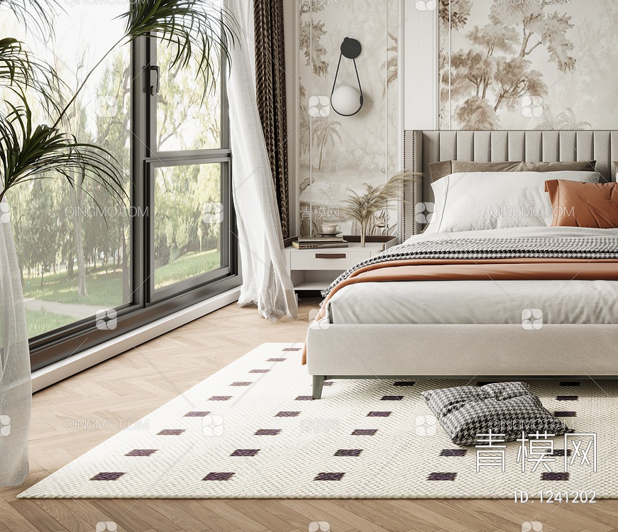 卧室 床 床头柜 饰品 窗帘 地毯 床头背景 衣柜3D模型下载【ID:1241202】