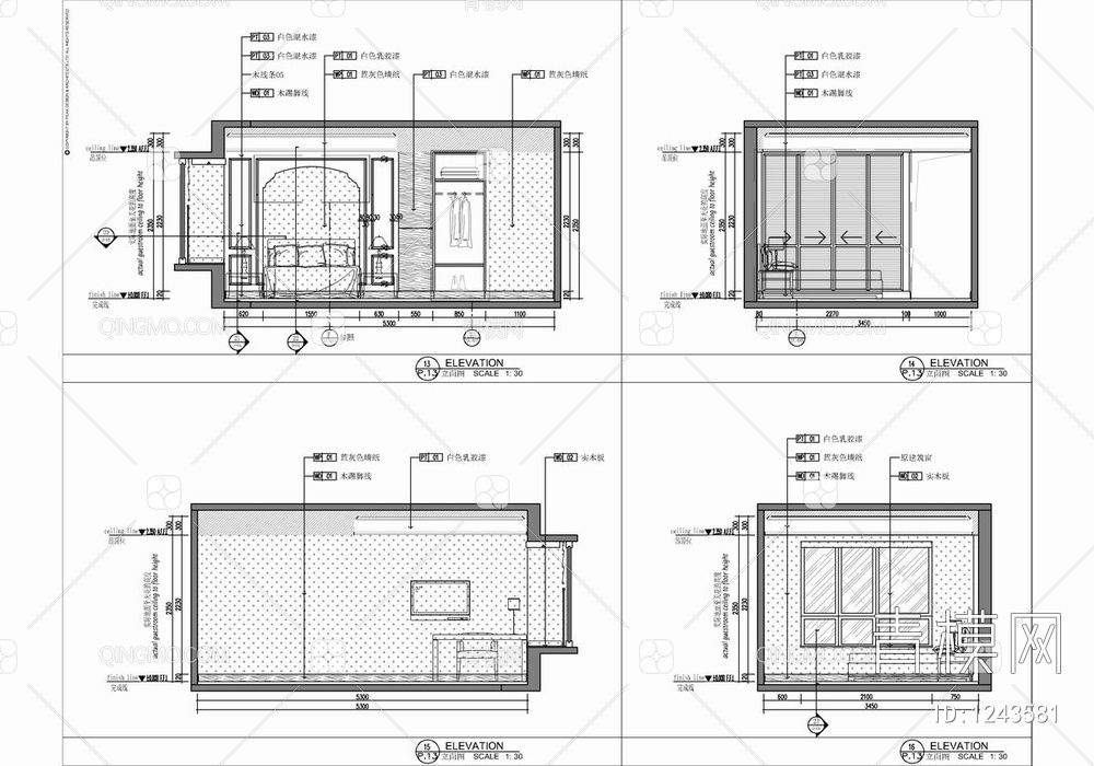 120㎡三居室样板房CAD施工图+物料表 家装 大平层 私宅 样板房 三居室【ID:1243581】