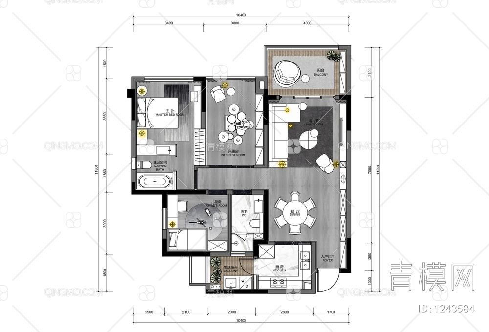 105㎡三居室样板房CAD施工图+物料表 家装 大平层 私宅 样板房 三居室【ID:1243584】