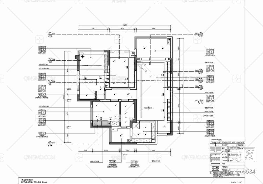 105㎡三居室样板房CAD施工图+物料表 家装 大平层 私宅 样板房 三居室【ID:1243584】