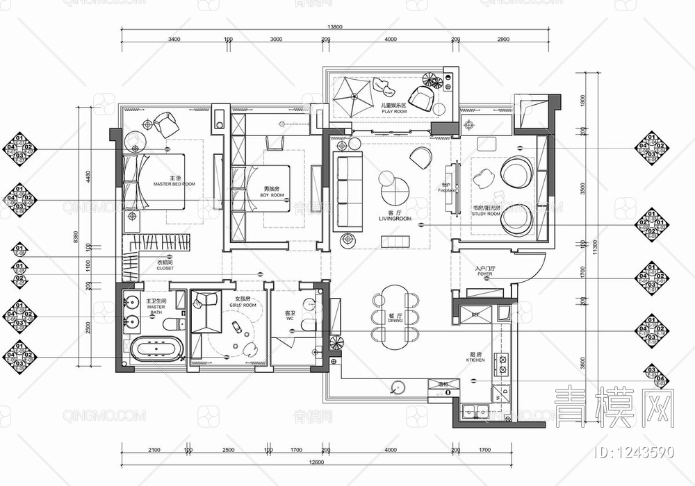 135㎡四居室样板房CAD施工图+物料表 家装 大平层 私宅 样板房 四居室【ID:1243590】