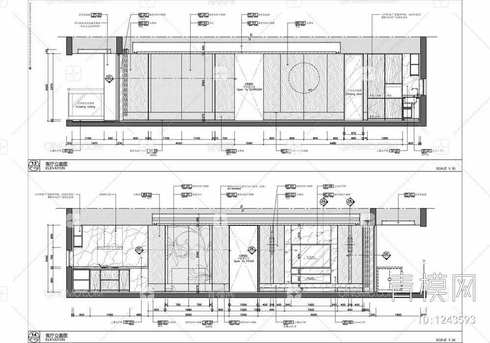 145㎡样板房CAD施工图+物料表 家装 大平层 私宅 样板房 豪宅【ID:1243593】