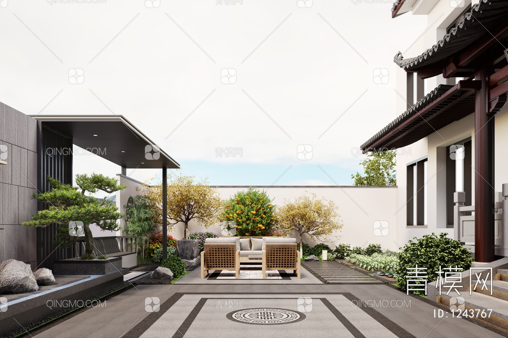 住宅花园  植物  户外沙发茶几  水景3D模型下载【ID:1243767】