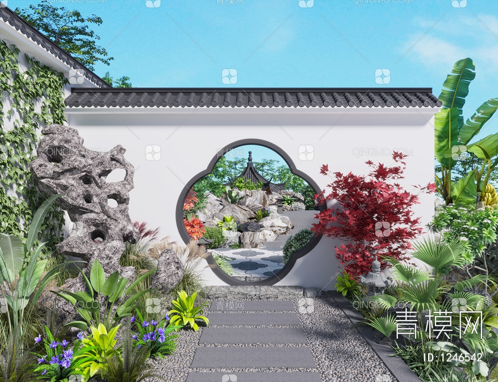 庭院景观 石灯 景观灯 植物 亭子 假山3D模型下载【ID:1246542】
