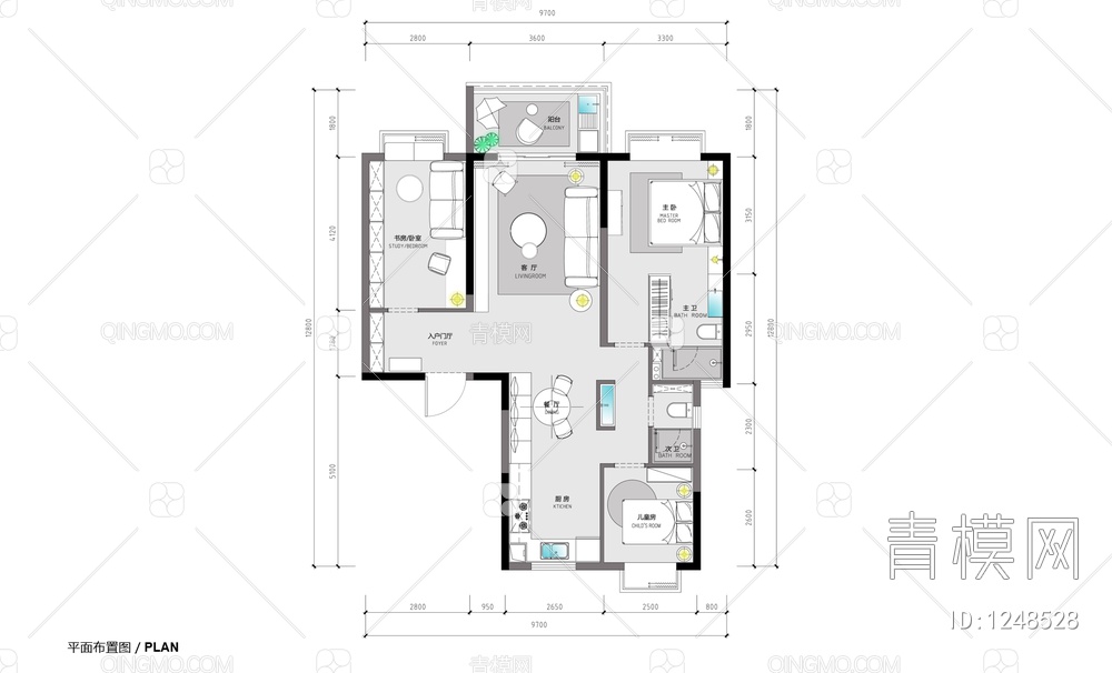 三居室样板房CAD施工图 家装 样板房 私宅【ID:1248528】