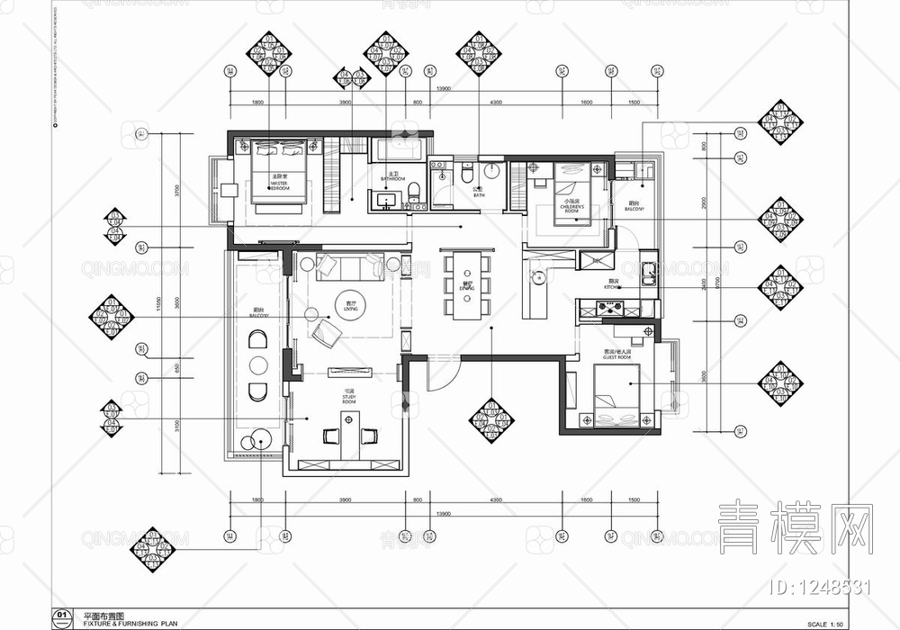 128㎡样板房CAD施工图 家装 样板房 私宅【ID:1248531】