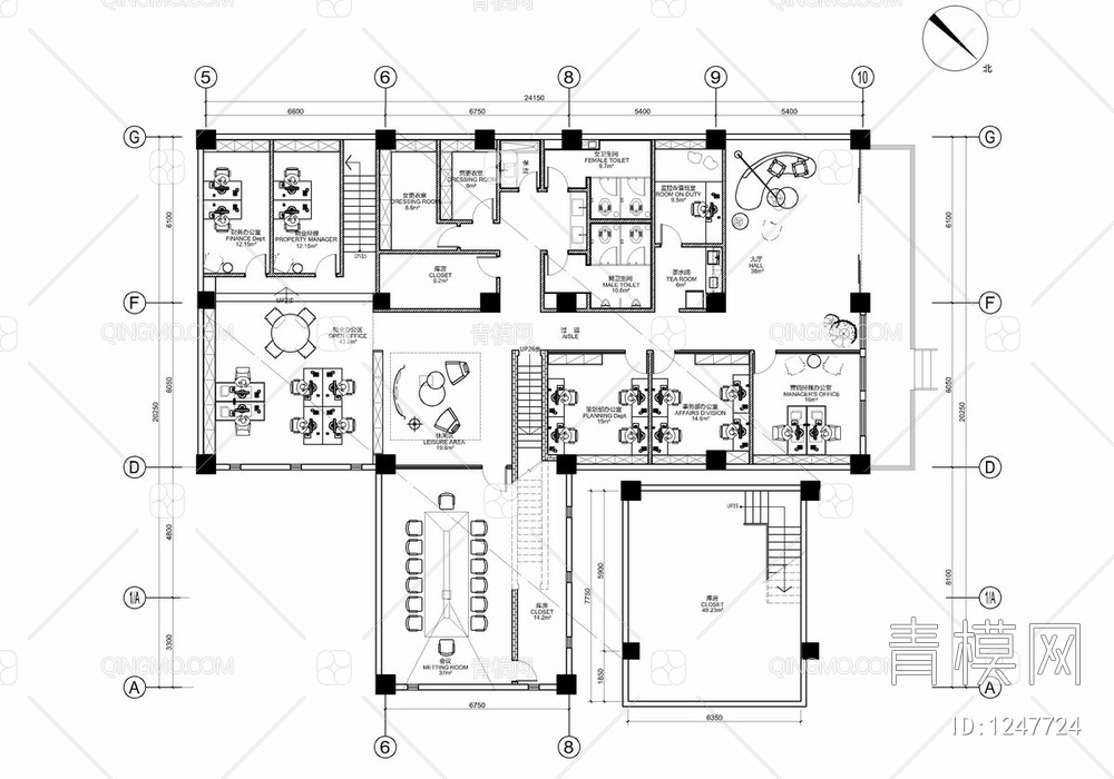 1100㎡销售中心及办公室CAD施工图 营销中心 售楼处 办公区【ID:1247724】