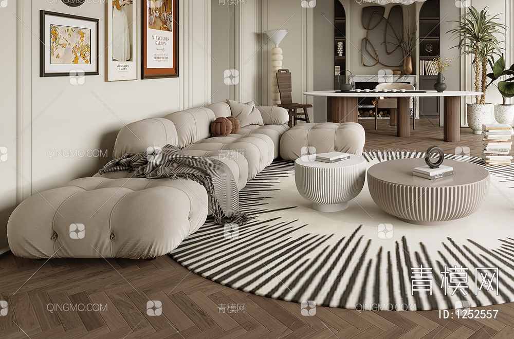 客厅 沙发 单椅 茶几 窗帘 地毯 书架 饰品 挂画3D模型下载【ID:1252557】