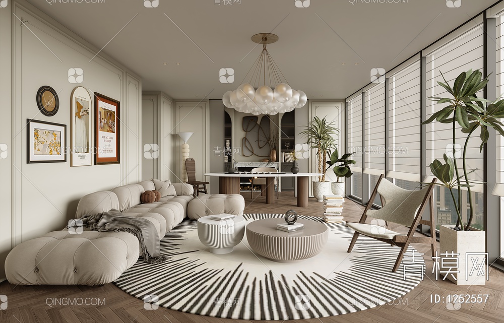 客厅 沙发 单椅 茶几 窗帘 地毯 书架 饰品 挂画3D模型下载【ID:1252557】
