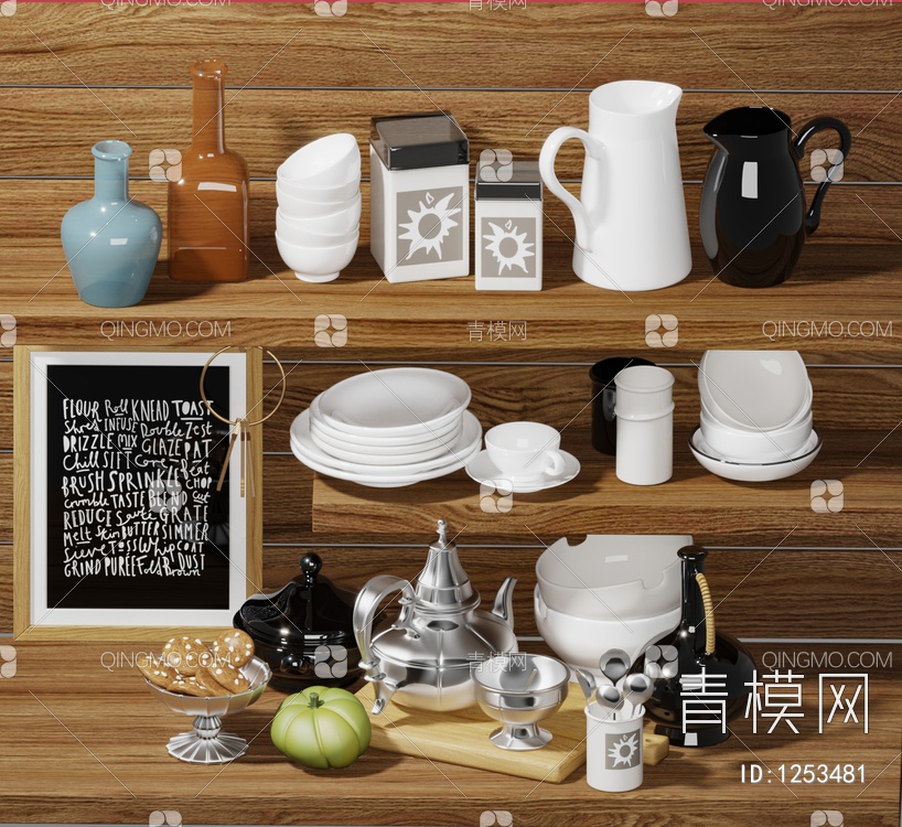厨房摆品，碗，瓶，罐3D模型下载【ID:1253481】