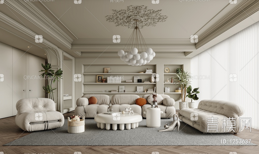 客厅 沙发 单椅 茶几 窗帘 地毯 书架 饰品 挂画3D模型下载【ID:1253637】