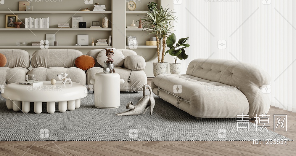 客厅 沙发 单椅 茶几 窗帘 地毯 书架 饰品 挂画3D模型下载【ID:1253637】