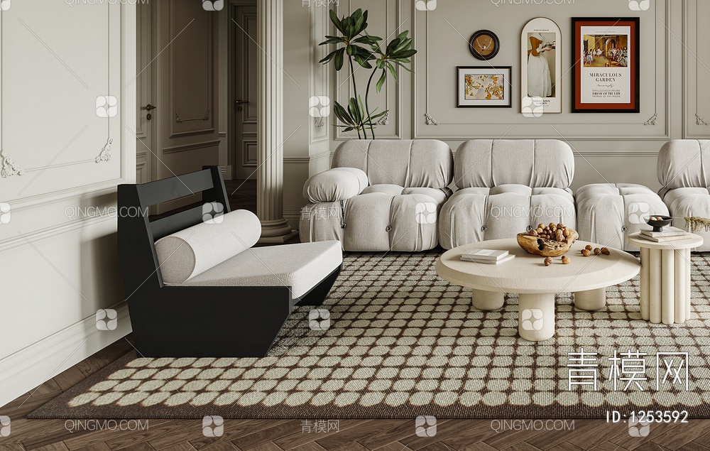 客厅 沙发 单椅 茶几 窗帘 地毯 书架 饰品 挂画3D模型下载【ID:1253592】
