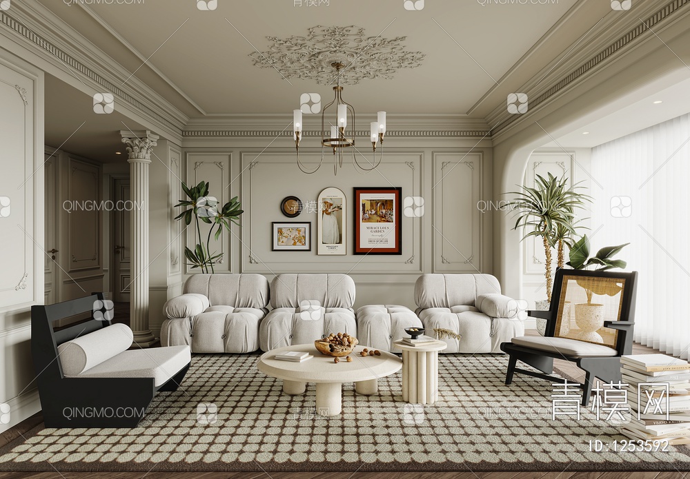 客厅 沙发 单椅 茶几 窗帘 地毯 书架 饰品 挂画3D模型下载【ID:1253592】