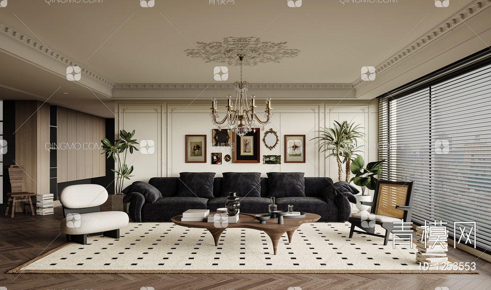 复古 客厅 沙发 单椅 茶几 窗帘 地毯 书架 饰品 挂画3D模型下载【ID:1253553】