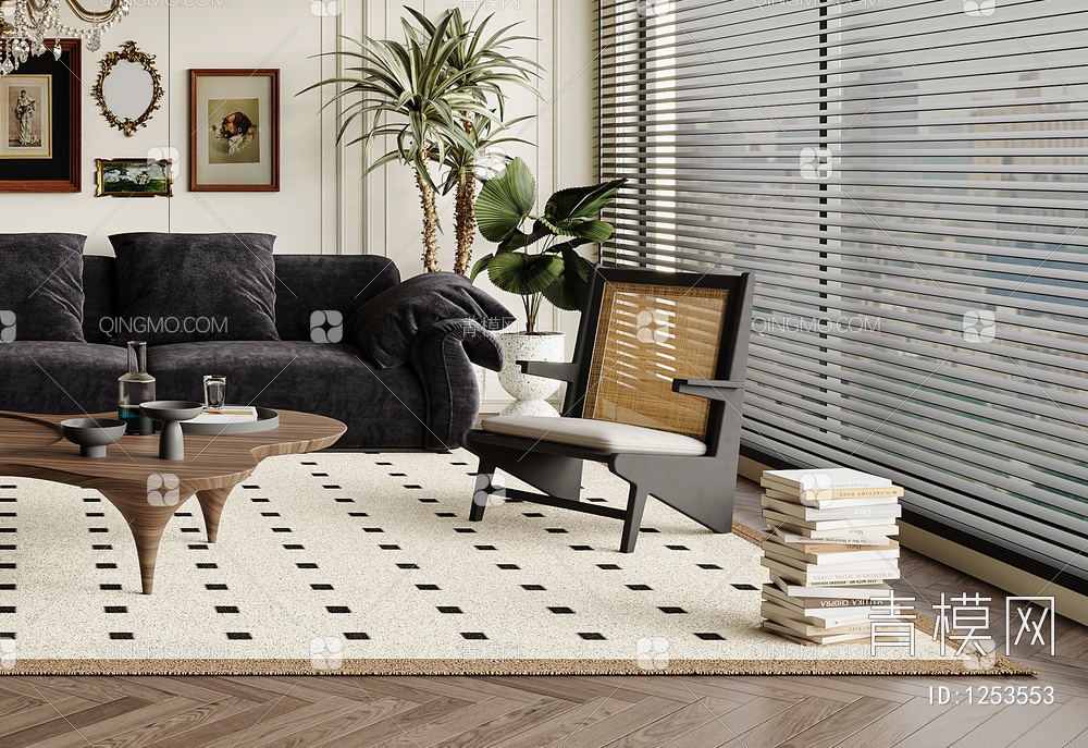 复古 客厅 沙发 单椅 茶几 窗帘 地毯 书架 饰品 挂画3D模型下载【ID:1253553】