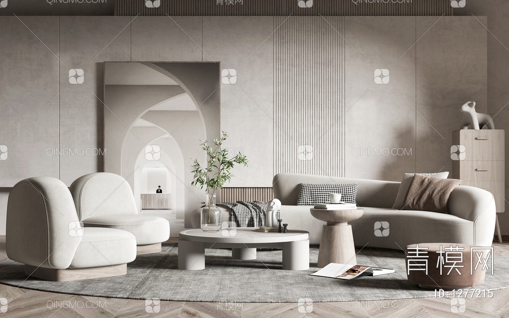 家居客厅 沙发茶几组合 弧形沙发 凳子 茶几SU模型下载【ID:1277215】