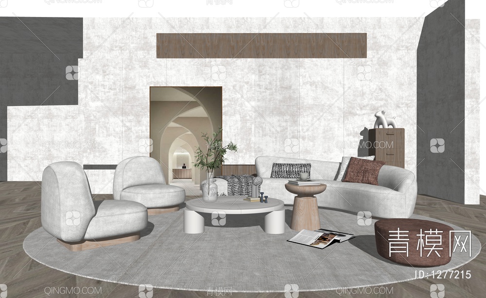 家居客厅 沙发茶几组合 弧形沙发 凳子 茶几SU模型下载【ID:1277215】