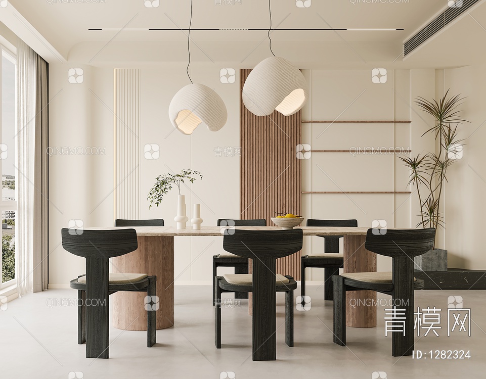 餐厅 餐桌 餐椅 饰品 窗帘 地板3D模型下载【ID:1282324】