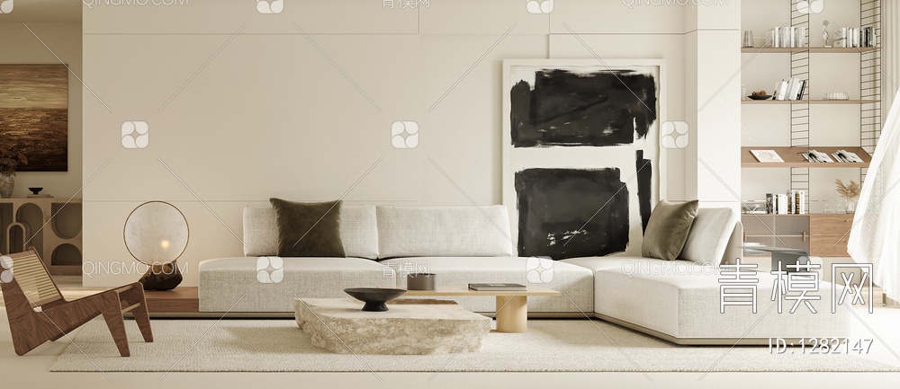 客厅 沙发 单椅 茶几 窗帘 地毯  饰品 吊灯 挂画3D模型下载【ID:1282147】