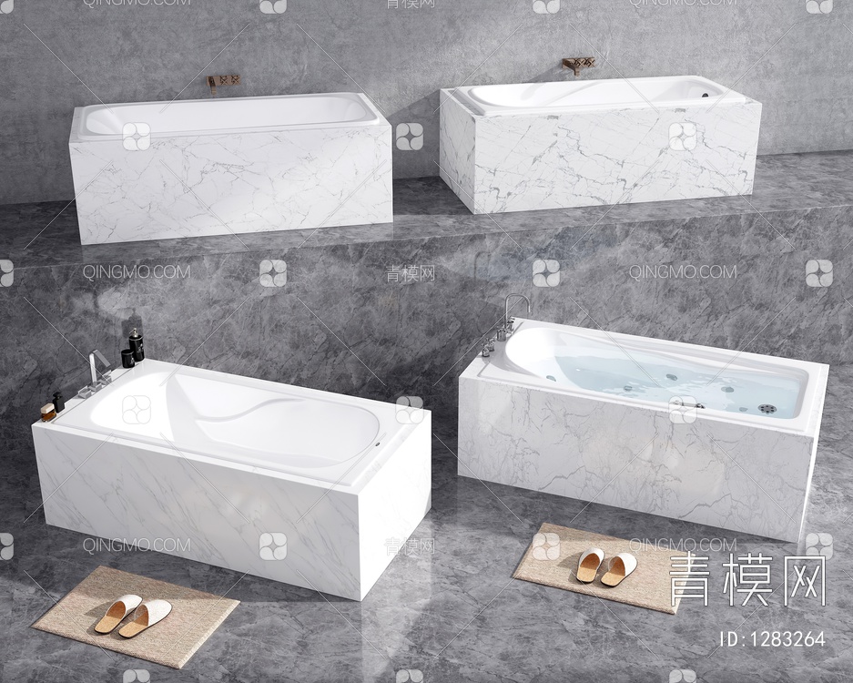 浴缸 独立浴缸 浴盆 拖鞋 地垫3D模型下载【ID:1283264】