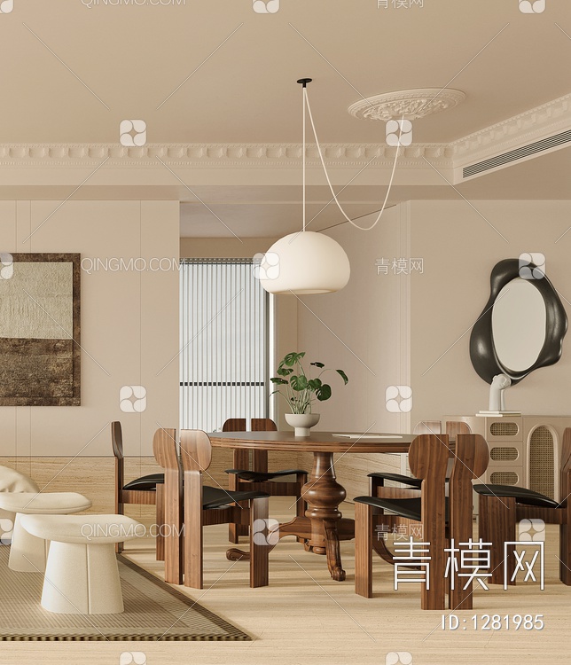 客餐厅 沙发 单椅 茶几 窗帘 地毯  饰品 吊灯 挂画3D模型下载【ID:1281985】