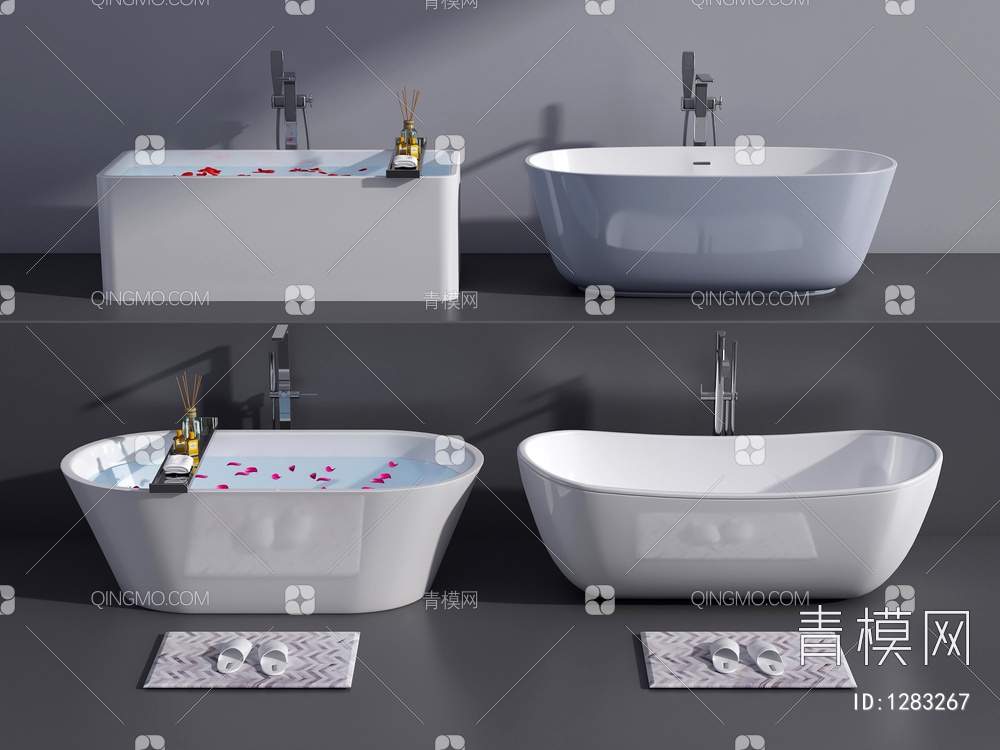 浴缸 独立浴缸 浴盆 拖鞋 地垫3D模型下载【ID:1283267】
