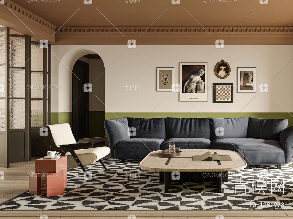 客厅 沙发 单椅 茶几 窗帘 地毯 书架 饰品 挂画3D模型下载【ID:1281973】