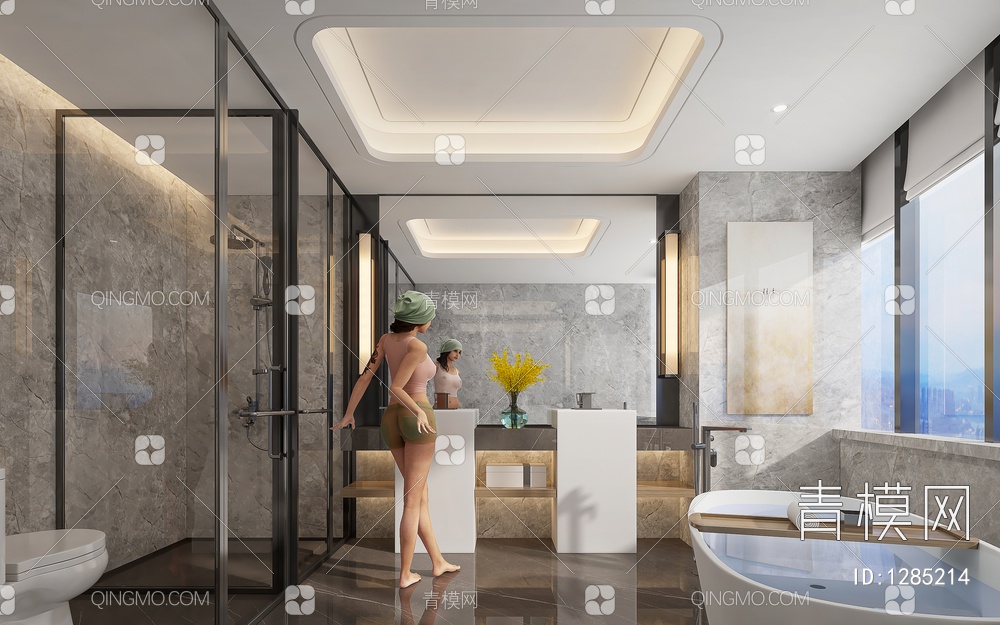酒店卫生间 美女 浴缸 洗手台 马桶 花洒 壁灯3D模型下载【ID:1285214】