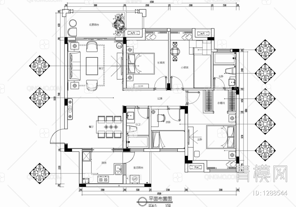 120㎡四居室平层CAD施工图+实景照 家装 私宅 大平层【ID:1288544】