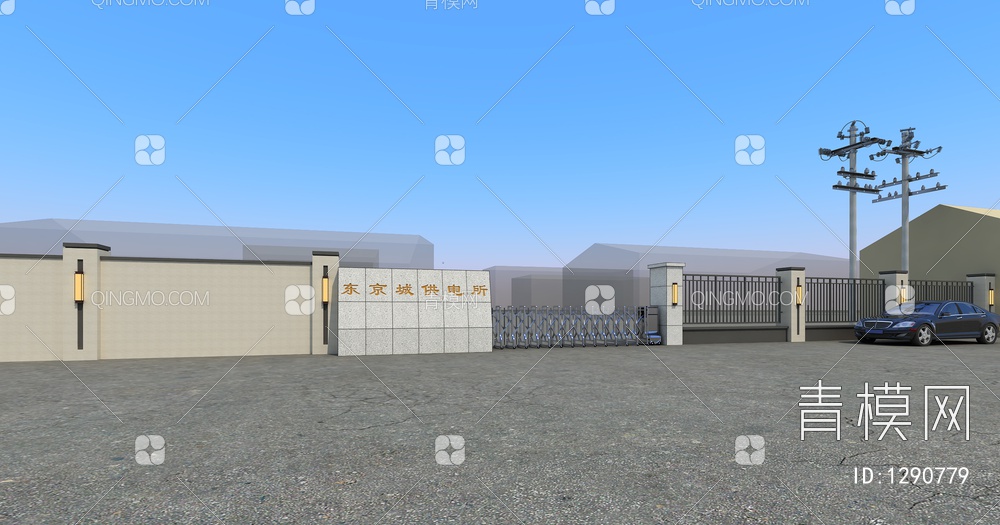 厂区大门围墙，国家电网大门围墙3D模型下载【ID:1290779】