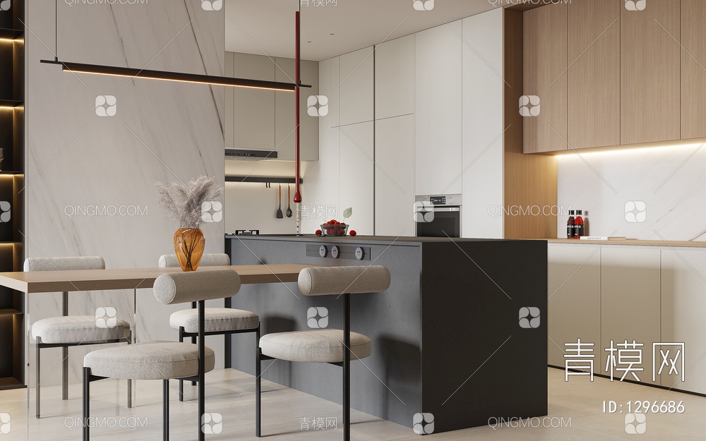 极简客餐厅厨房，客厅，餐厅，厨房3D模型下载【ID:1296686】